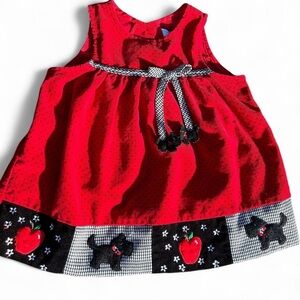 Red Corduroy Sleeveless Dress with Dog and Apple Design